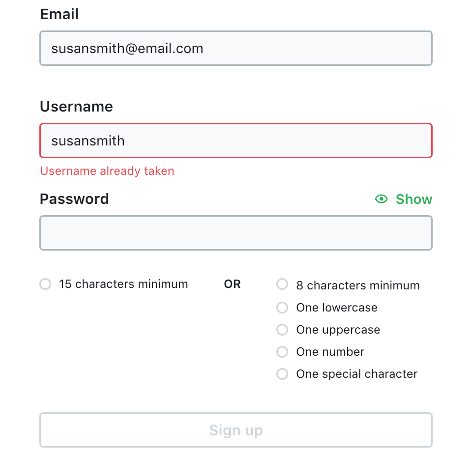 Mockup of a sign up form with inline validation