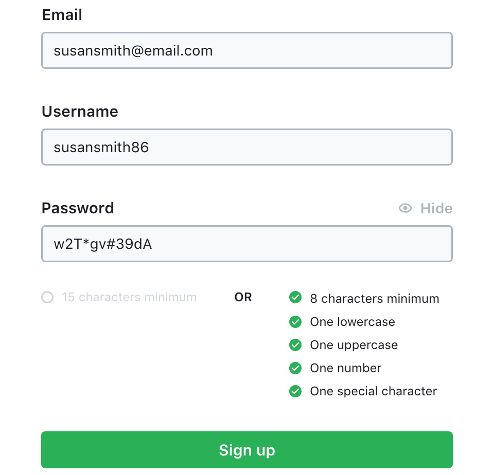 Mockup of a completed sign up form with password showing