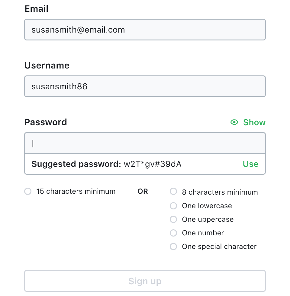 Mockup of a sign up form with suggested password