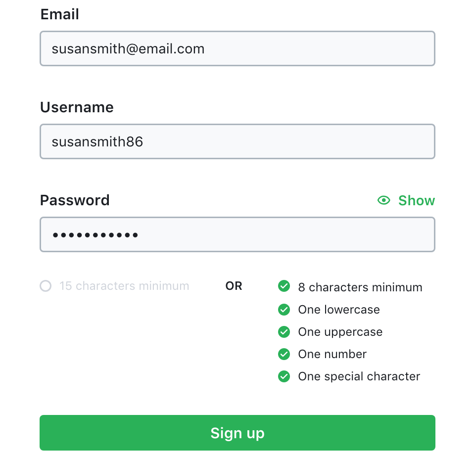 Mockup of a completed sign up form