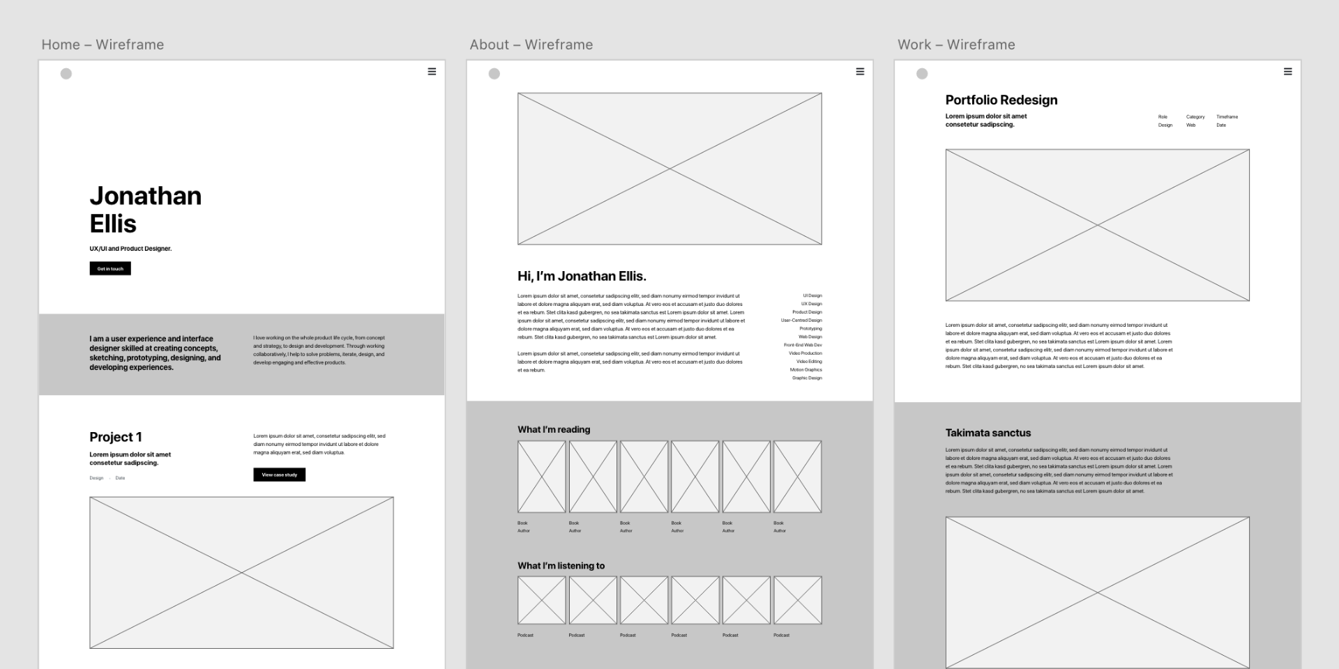 Wireframes for the new portfolio website - with the home, about, and work screens